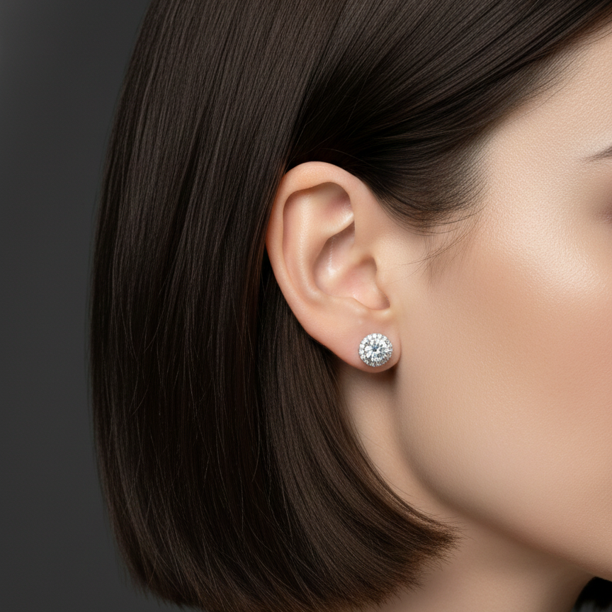 Pendientes de botón, pendientes de circonitas, joyería de plata 925, pendientes clásicos, pendientes con halo, regalo mujer.