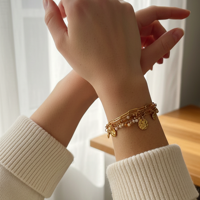 Pulsera Doble Cadena Gaia De Acero Inoxidable Bañada en oro 18k