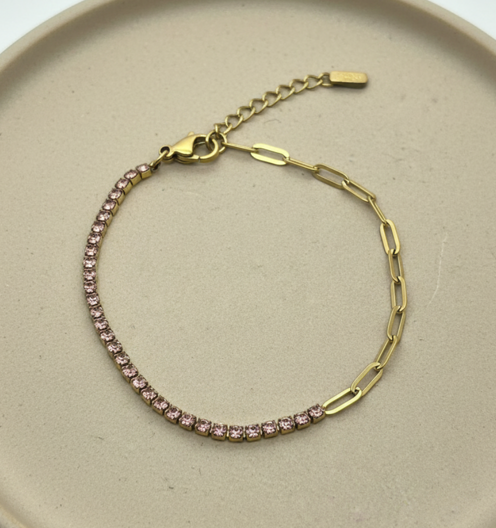Pulsera Eslabon y Cristales Rosa