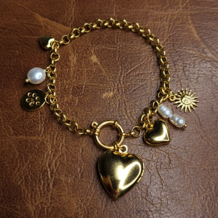 Pulsera con Charms y Colgante Porta Foto en Acero Inoxidable