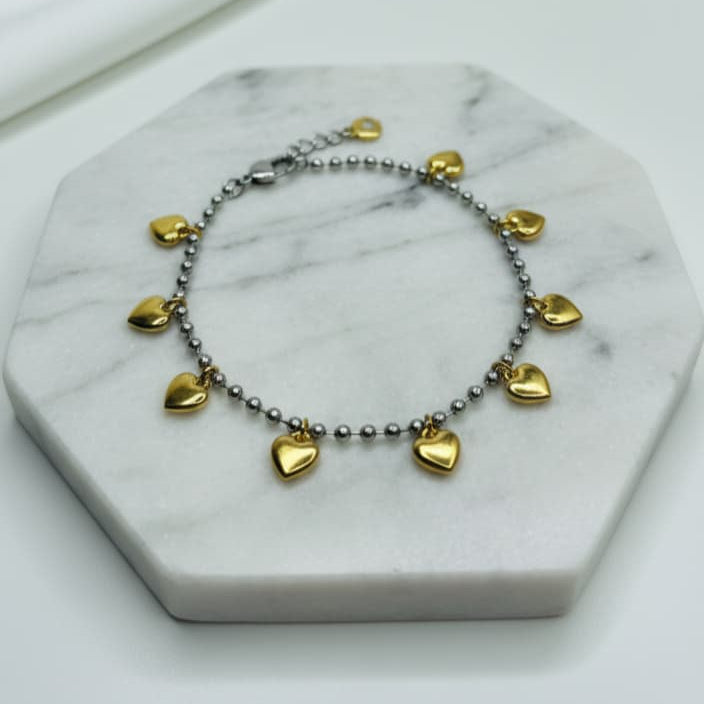 Pulsera Bicolor con Corazones en Acero Inoxidable